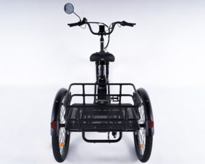 Vue arri&egrave;re avec panier du tricycle adulte Essentiel